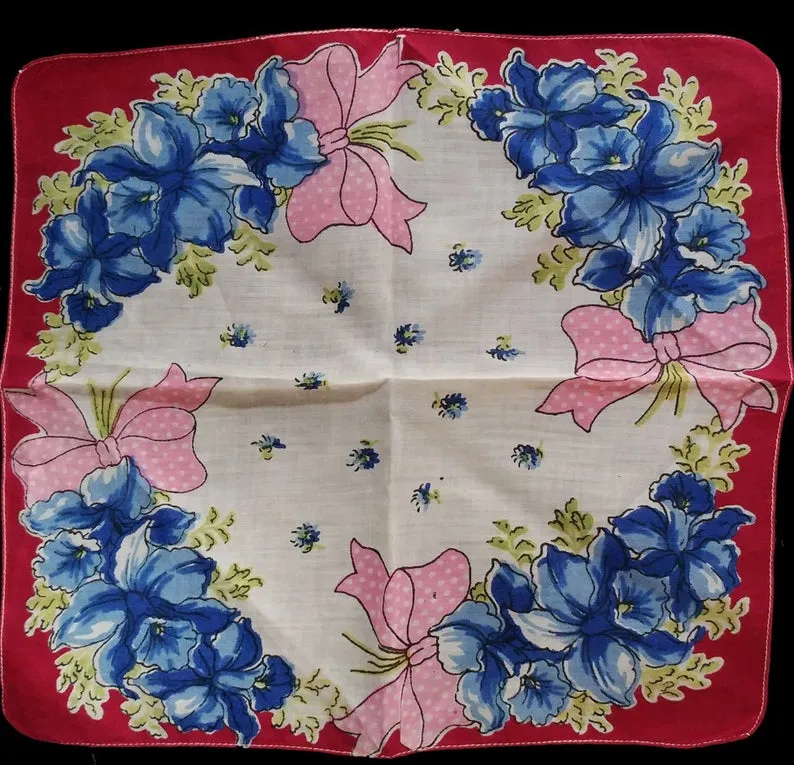 *VINTAGE PINK DOTS, BOWS & BLUE ORCHIDS HANDKERCHIEF