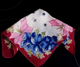 *VINTAGE PINK DOTS, BOWS & BLUE ORCHIDS HANDKERCHIEF