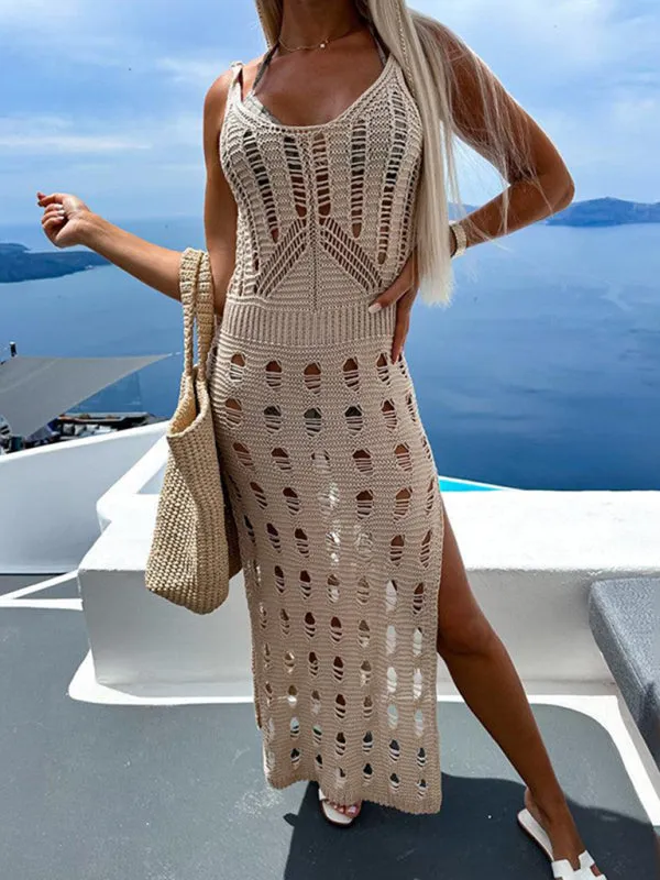 Women's Hollow Knit Floor Length Beach Cover Up With Side Splits