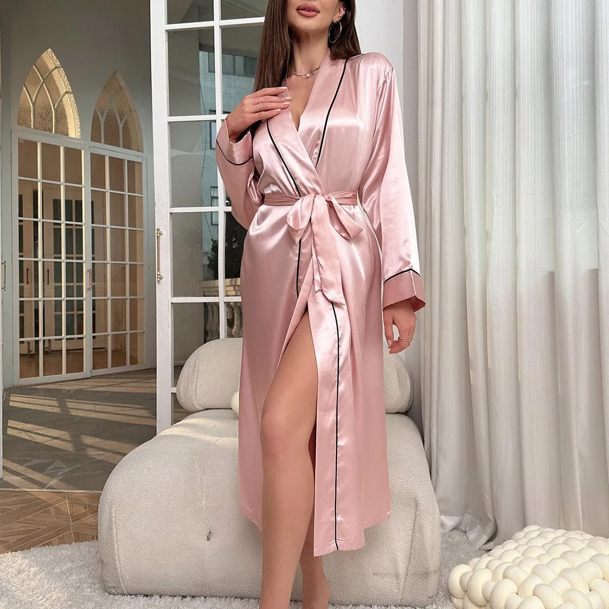 Women's Long Ice Silk Robe Summer Thin Fashion Simple Home wear